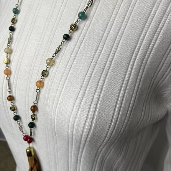 Chico's beaded pendant tassel necklace signed costume jewelry neutral natural - Picture 3 of 12